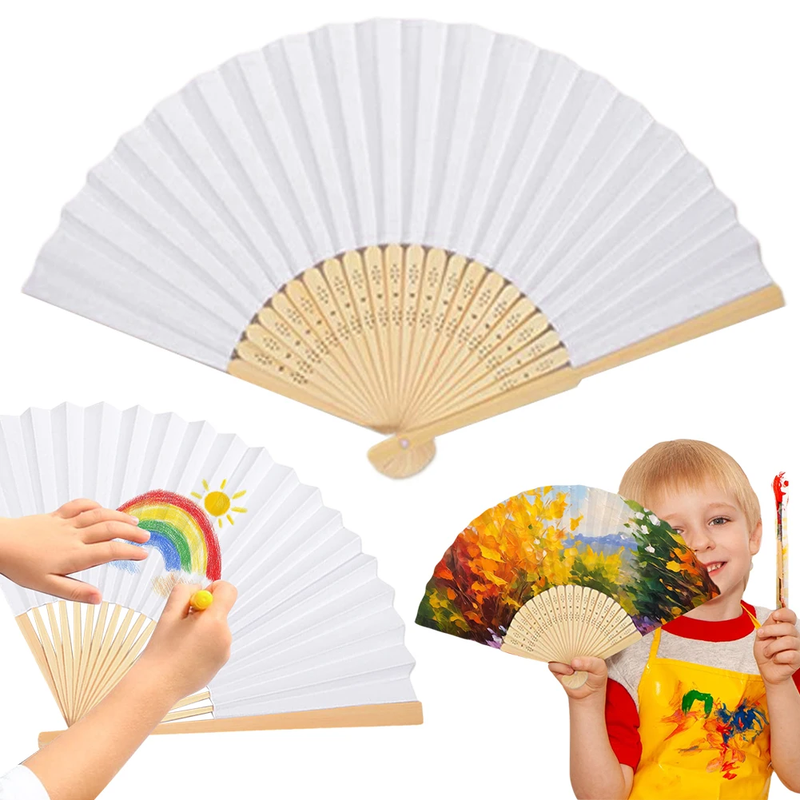 6/10/20 Pcs White Paper Hand Fan Bamboo Folding Fan DIY Blank Paper Fan for DIY