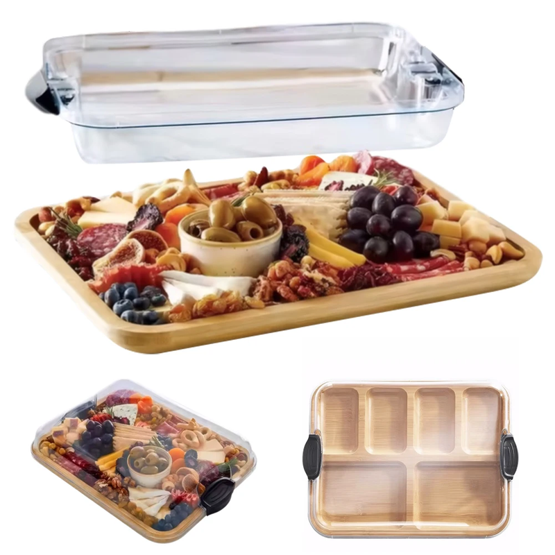 Reusable Bamboo Charcuterie Boards Tray W/ Lid Cheese Platter Biscuit Snacks Pla
