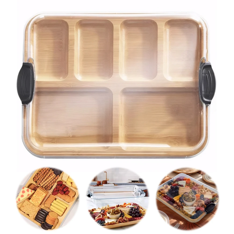 Reusable Bamboo Charcuterie Boards Tray W/ Lid Cheese Platter Biscuit Snacks Pla