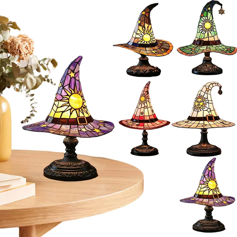 Stained Glass Witch Hat Lamp LED Resin Witch Hat Light Ornament USB Powered Beds