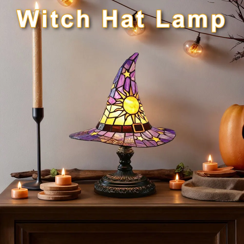 Stained Glass Witch Hat Lamp LED Resin Witch Hat Light Ornament USB Powered Beds
