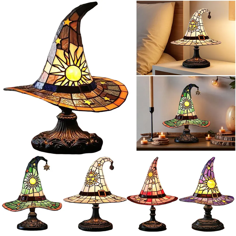 Stained Glass Witch Hat Lamp LED Resin Witch Hat Light Ornament USB Powered Beds