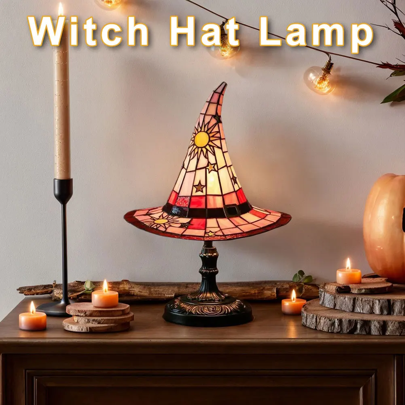 Stained Glass Witch Hat Lamp LED Resin Witch Hat Light Ornament USB Powered Beds