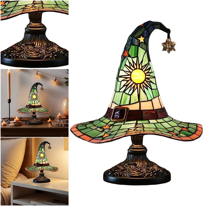 Stained Glass Witch Hat Lamp LED Resin Witch Hat Light Ornament USB Powered Beds