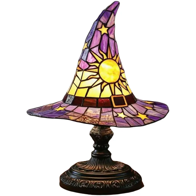 Stained Glass Witch Hat Lamp LED Resin Witch Hat Light Ornament USB Powered Beds