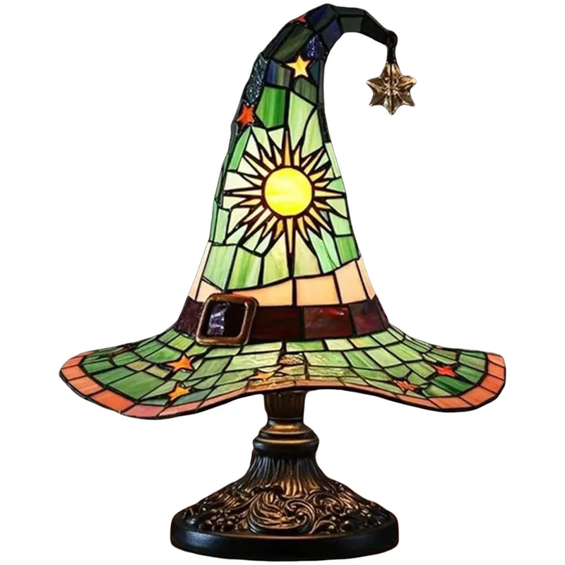 Stained Glass Witch Hat Lamp LED Resin Witch Hat Light Ornament USB Powered Beds