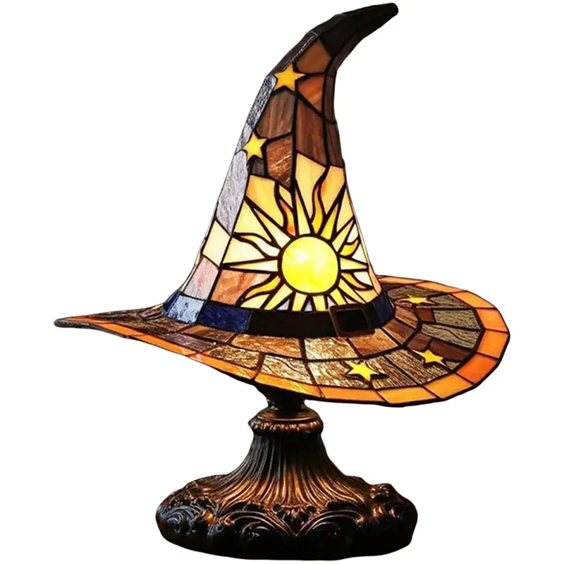 Stained Glass Witch Hat Lamp LED Resin Witch Hat Light Ornament USB Powered Beds