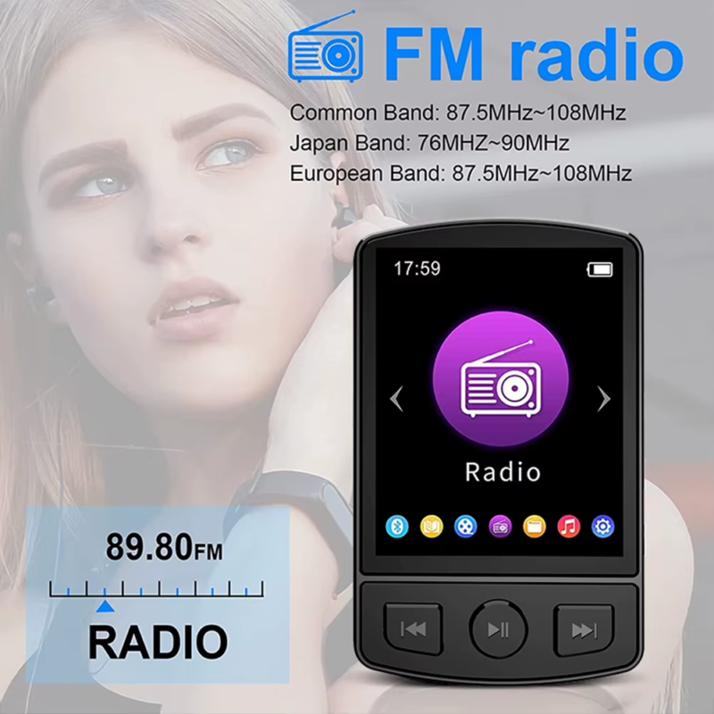 Portable MP3 Player with Clip Hifi Sound Bluetooth 5.2 1.8 Inch Screen FM Radio