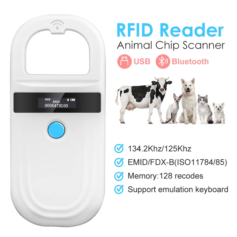 Handheld 134.2Khz 125Khz Animal RFID Reader Pet Cat Dog Microchip Scanner FDX-B