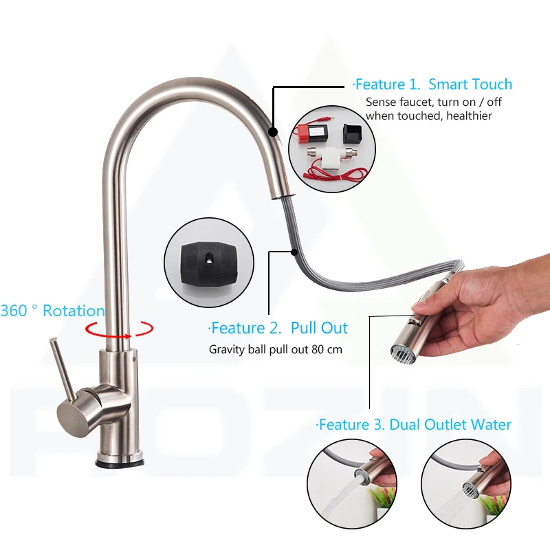 Smart Touch Kitchen Faucet Black Pull Out Sensor Faucets Black/Nickel 360 Rotati