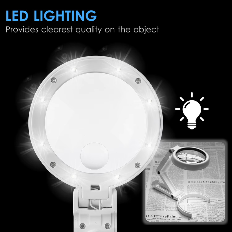 5X/10X Handheld Desk Magnifier with LED Light and Stand USB Powered Illuminated