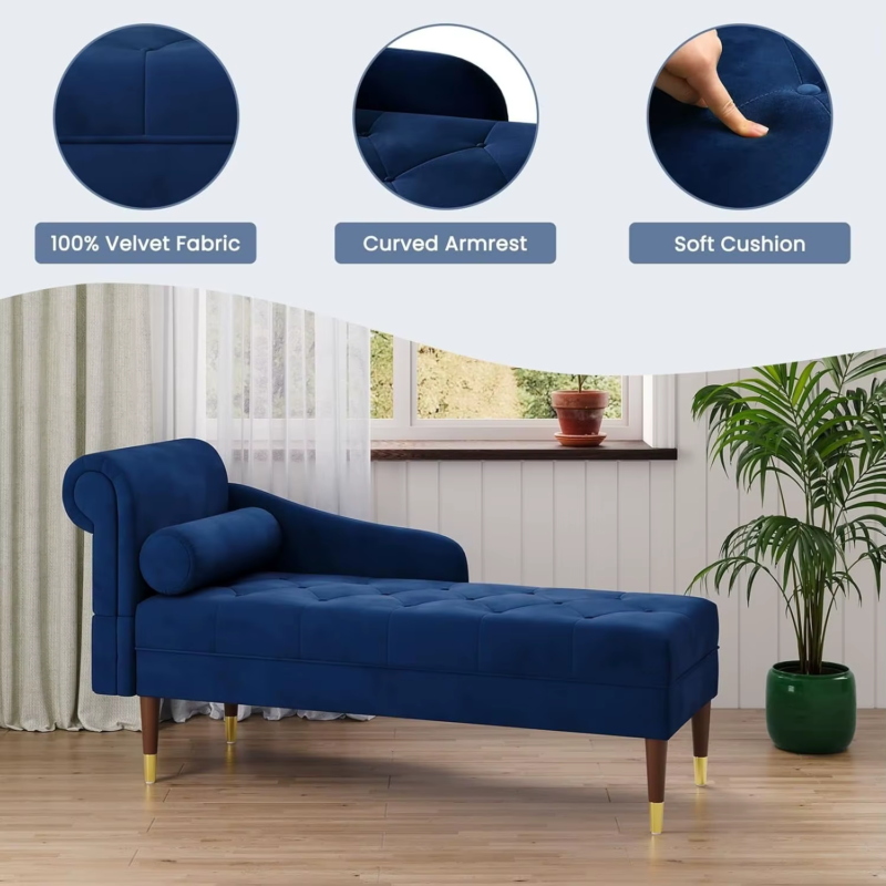 Velvet Chaise Longue, Indoor Lounge Sofa with Left Armrest and Lumbar Pillow, Up