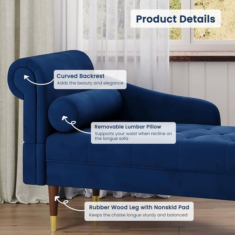 Velvet Chaise Longue, Indoor Lounge Sofa with Left Armrest and Lumbar Pillow, Up