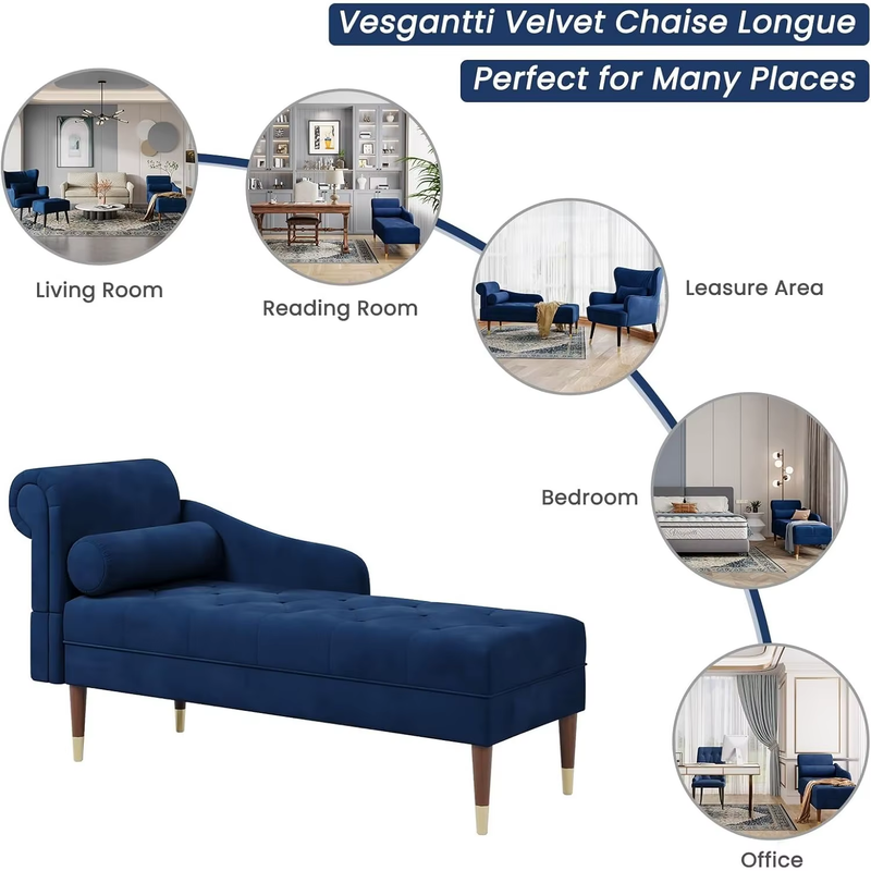 Velvet Chaise Longue, Indoor Lounge Sofa with Left Armrest and Lumbar Pillow, Up