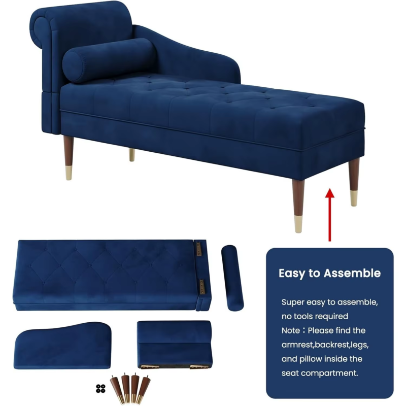 Velvet Chaise Longue, Indoor Lounge Sofa with Left Armrest and Lumbar Pillow, Up