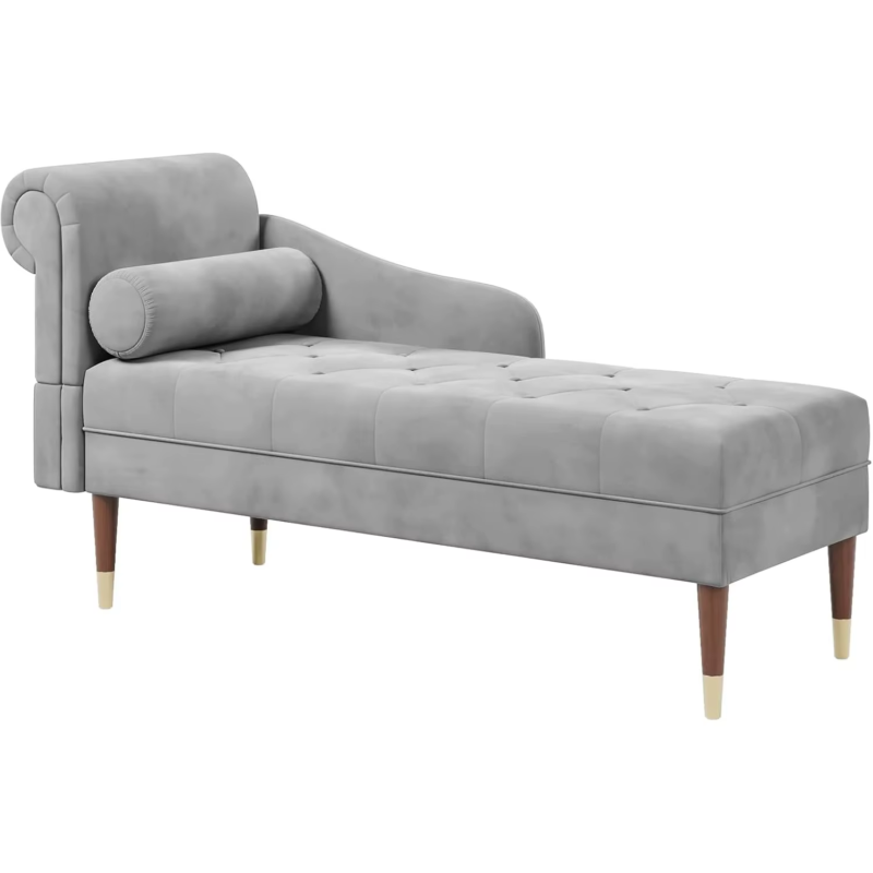 Velvet Chaise Longue, Indoor Lounge Sofa with Left Armrest and Lumbar Pillow, Up