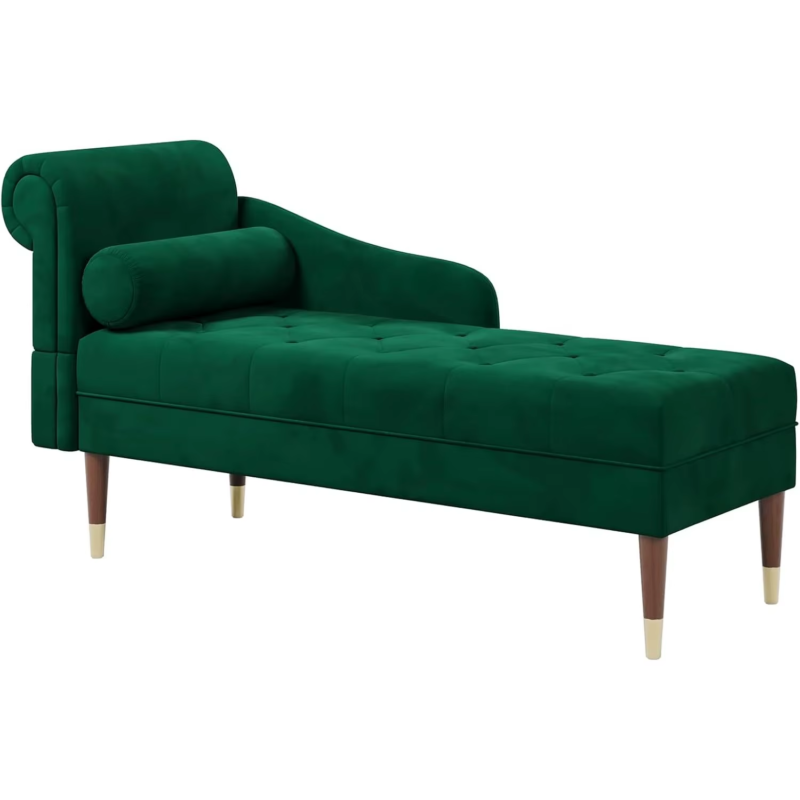 Velvet Chaise Longue, Indoor Lounge Sofa with Left Armrest and Lumbar Pillow, Up