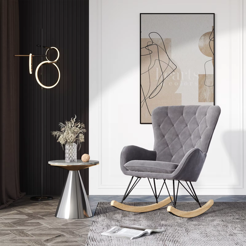 Grey Modern Velvet Upholstered Rocking Chair Living Room Furniture Lounge Chair