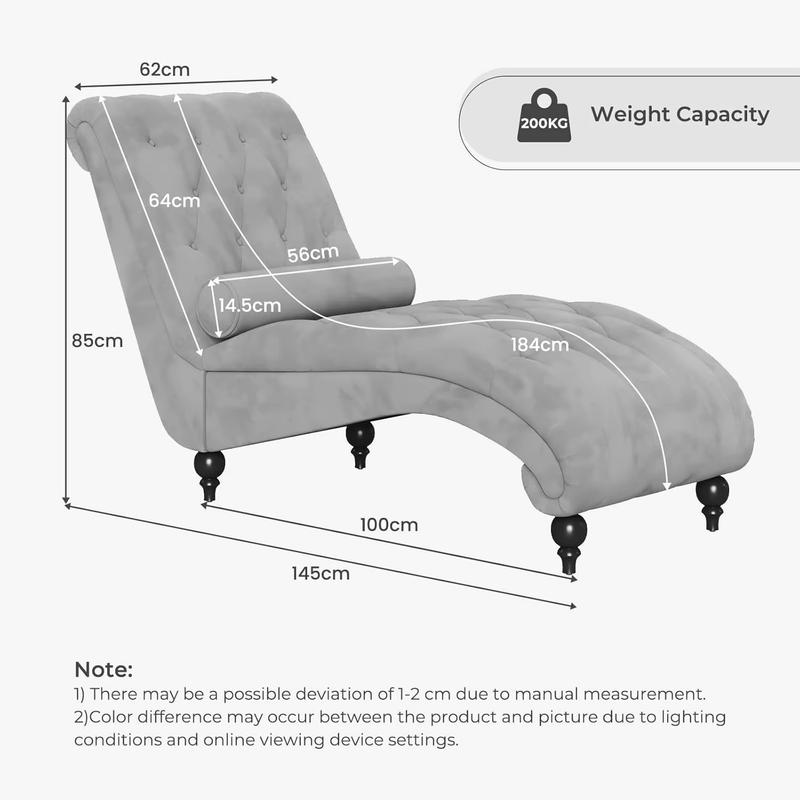 Velvet Button-Tufted Indoor Chaise Lounge, Upholstered Chaise Longue Chair with