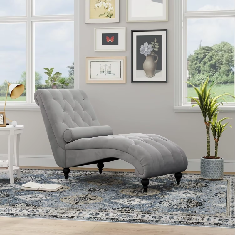 Velvet Button-Tufted Indoor Chaise Lounge, Upholstered Chaise Longue Chair with