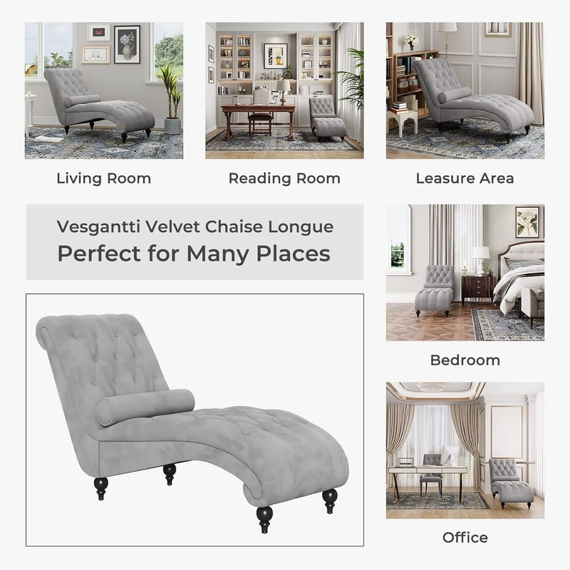 Velvet Button-Tufted Indoor Chaise Lounge, Upholstered Chaise Longue Chair with