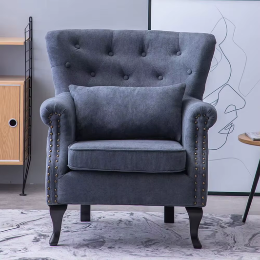 Dark Grey Chenille Wingback Armchair with Thick Cushion and Lumbar Pillow Living