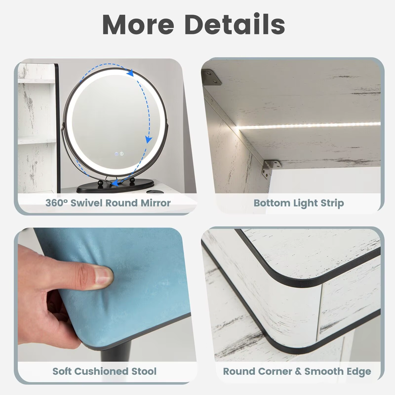 Vanity Set with 3-Color Lighted Mirror, Makeup Table W/ Cushioned Stool, 3-Drawe