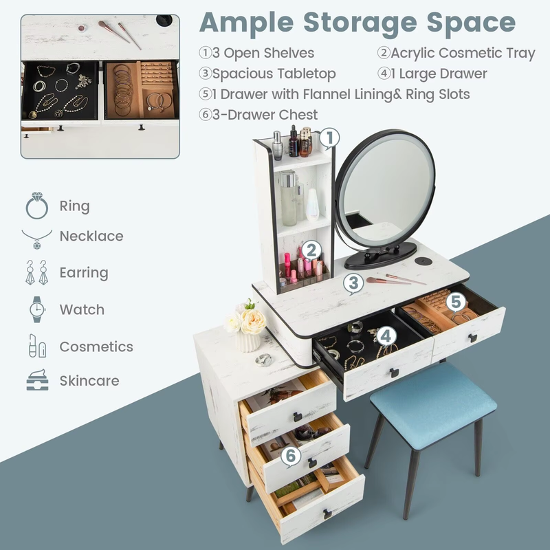 Vanity Set with 3-Color Lighted Mirror, Makeup Table W/ Cushioned Stool, 3-Drawe