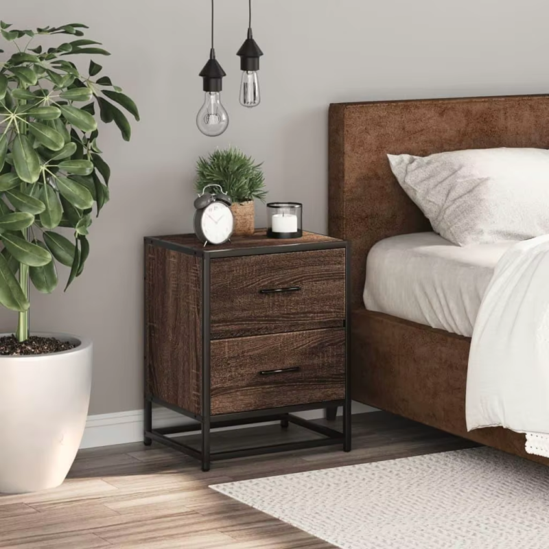 Brown Oak Bedside Cabinet 40X31X50 Cm - Durable Engineered Wood Nightstand