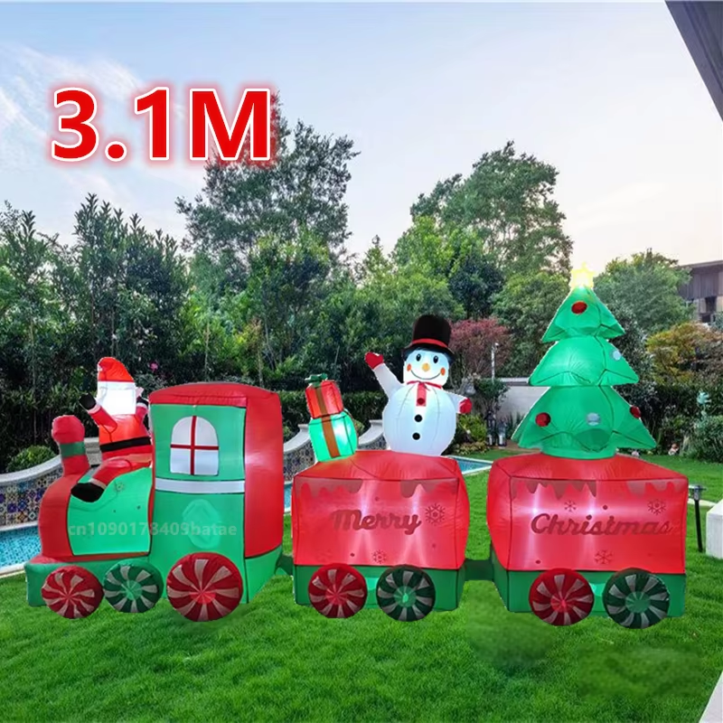 3.1M Inflatable Train and Santa Claus Snowman Christmas Tree with LED Lights, Ou