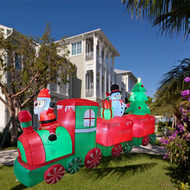 3.1M Inflatable Train and Santa Claus Snowman Christmas Tree with LED Lights, Ou