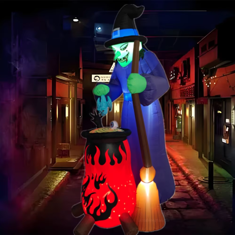 8FT Halloween Inflatables Witch Boiling Flame Lamp and Climbing the Window Littl