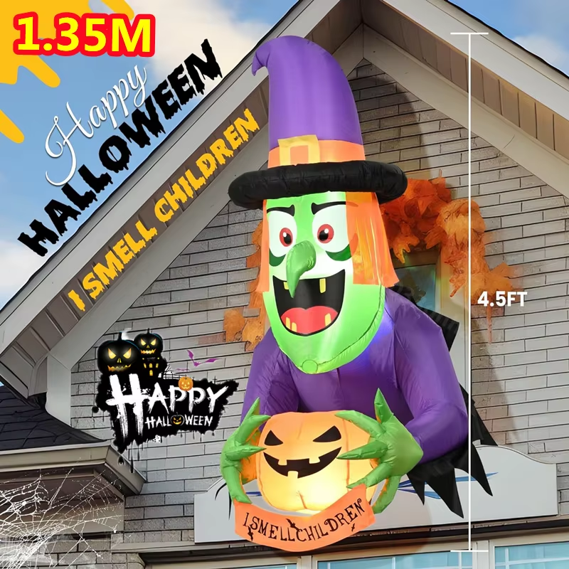 8FT Halloween Inflatables Witch Boiling Flame Lamp and Climbing the Window Littl