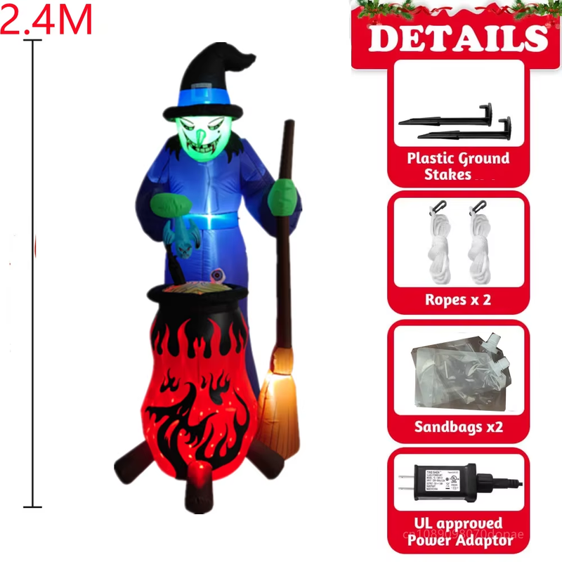 8FT Halloween Inflatables Witch Boiling Flame Lamp and Climbing the Window Littl