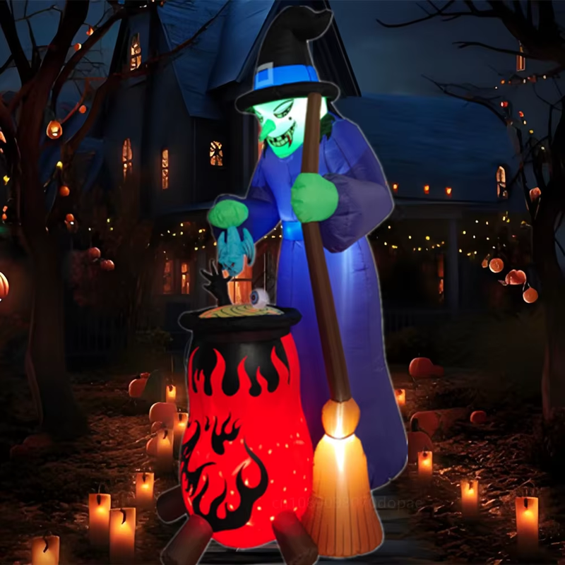 8FT Halloween Inflatables Witch Boiling Flame Lamp and Climbing the Window Littl