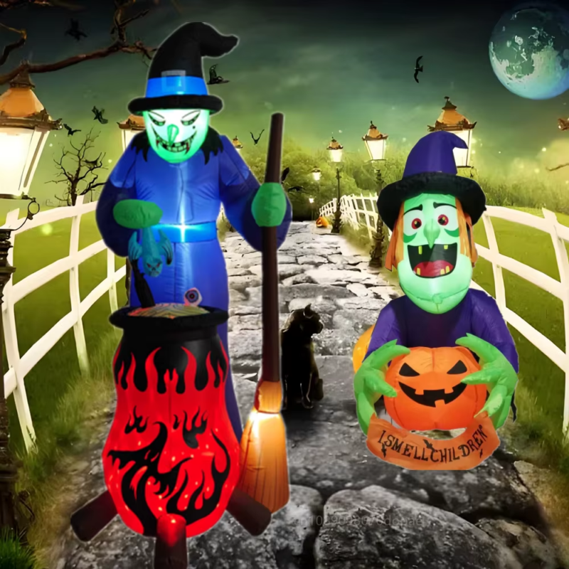 8FT Halloween Inflatables Witch Boiling Flame Lamp and Climbing the Window Littl