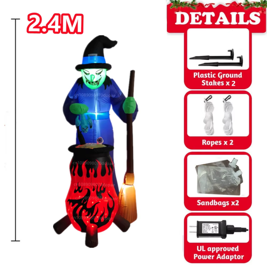 8FT Halloween Inflatables Witch Boiling Flame Lamp and Climbing the Window Littl