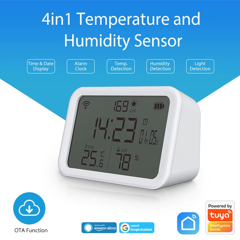 Tuya Wifi Illumination Clock Battery Powered 4 in 1 Smart Temperature Humidity S
