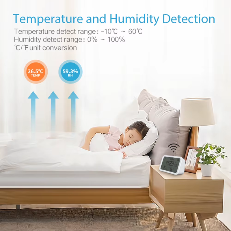 Tuya Wifi Illumination Clock Battery Powered 4 in 1 Smart Temperature Humidity S