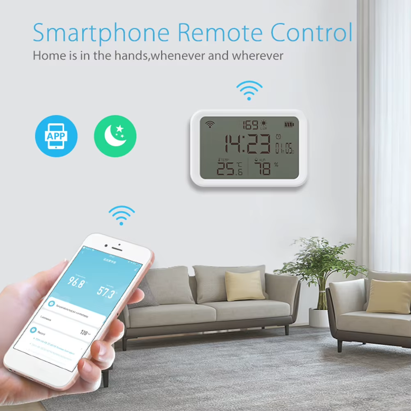 Tuya Wifi Illumination Clock Battery Powered 4 in 1 Smart Temperature Humidity S