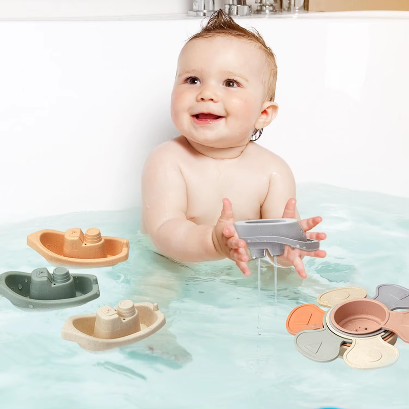 Bath Toys Floating Boats with Bathing Spoon Durable Educational Plastic Stacking