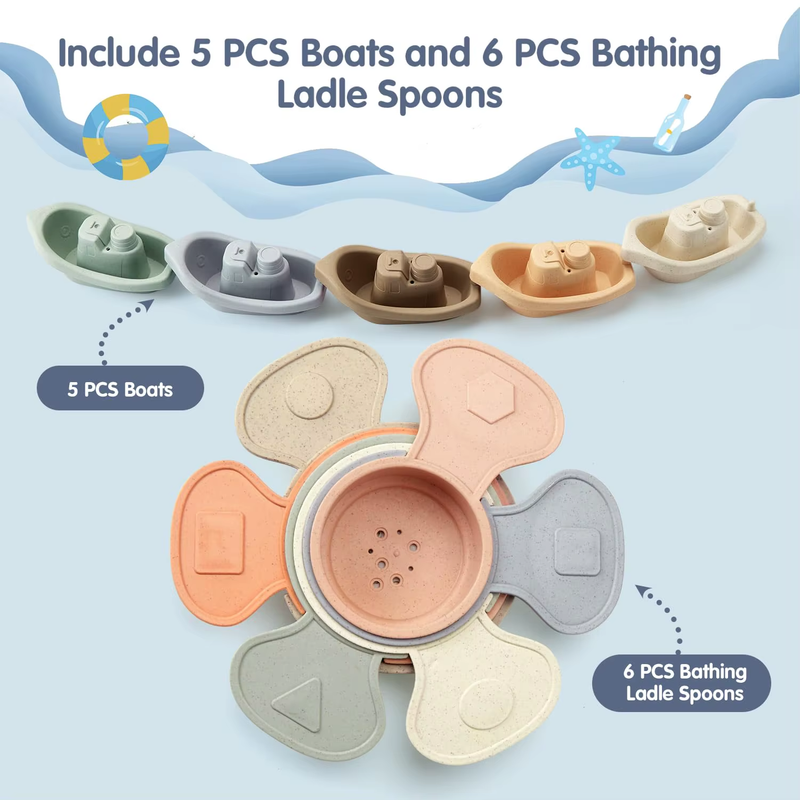 Bath Toys Floating Boats with Bathing Spoon Durable Educational Plastic Stacking