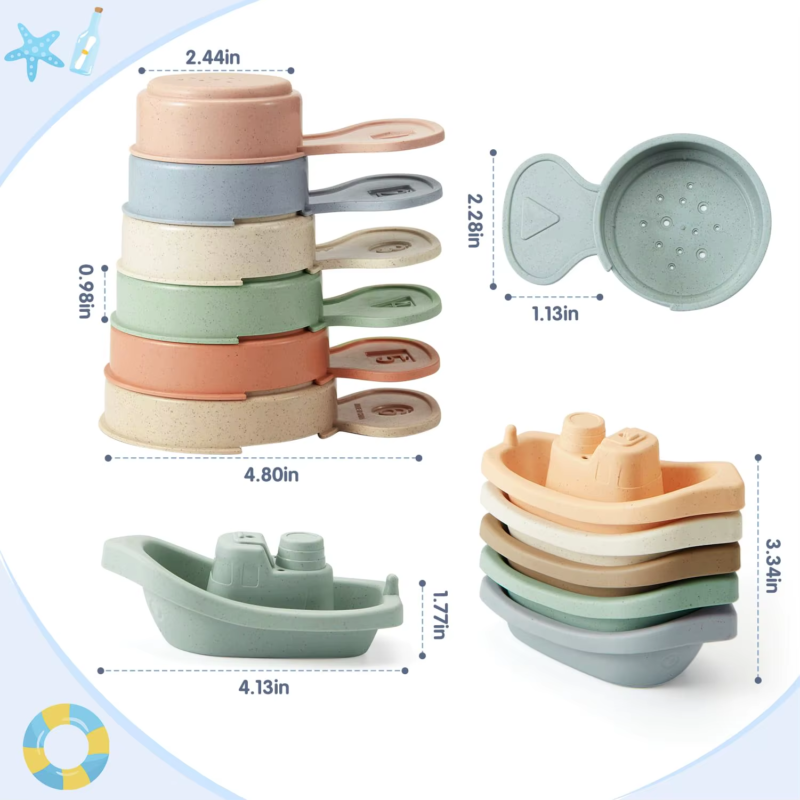 Bath Toys Floating Boats with Bathing Spoon Durable Educational Plastic Stacking