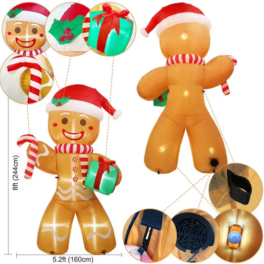 8FT/2.4M Christmas Inflatables Gingerbread Man with Gift Pack Outdoor Decoration