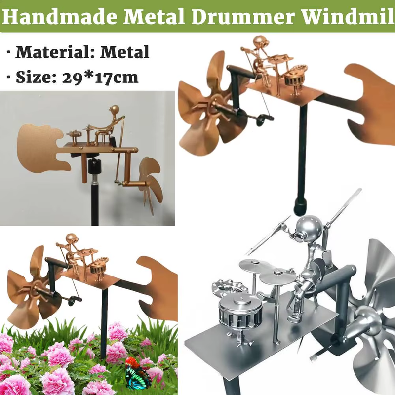 Handmade Metal Drummer Windmill Statue Decorative Beat the Drums with the Wind O