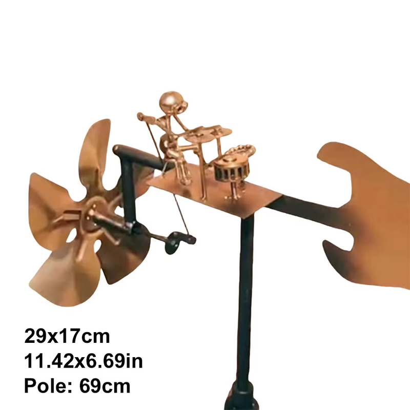 Handmade Metal Drummer Windmill Statue Decorative Beat the Drums with the Wind O