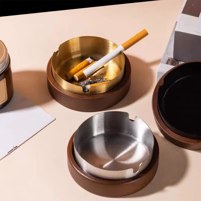 Ashtray Made of Wooden with Lid Stainless Steel Liner Ash Tray Windproof Ashtray