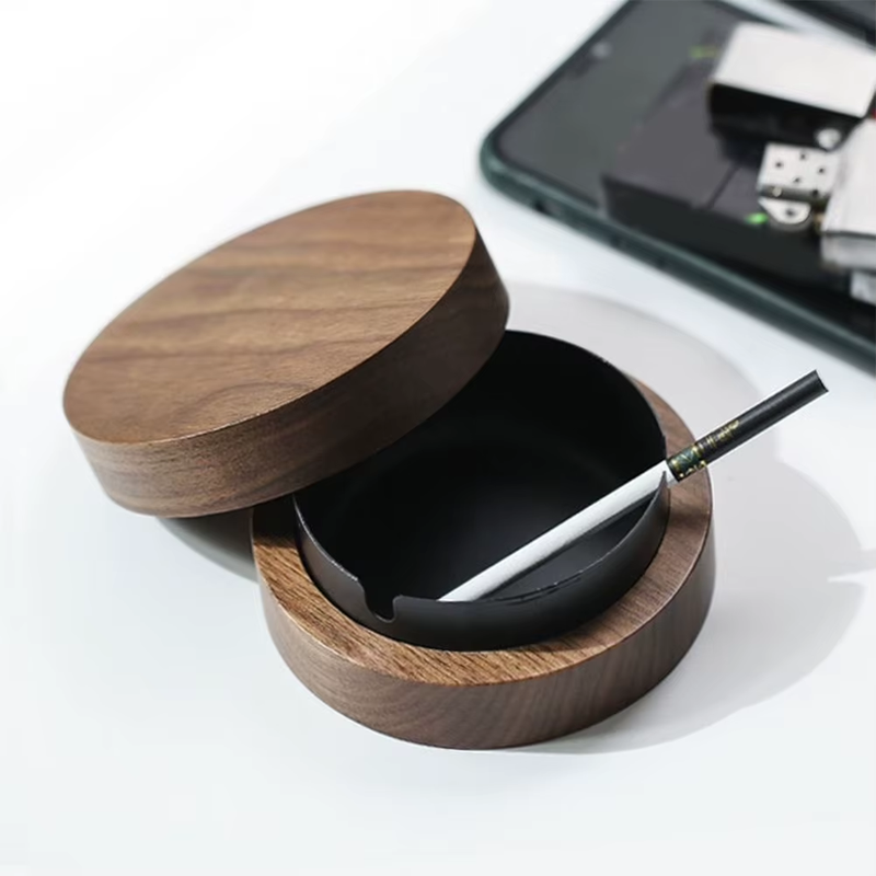 Ashtray Made of Wooden with Lid Stainless Steel Liner Ash Tray Windproof Ashtray