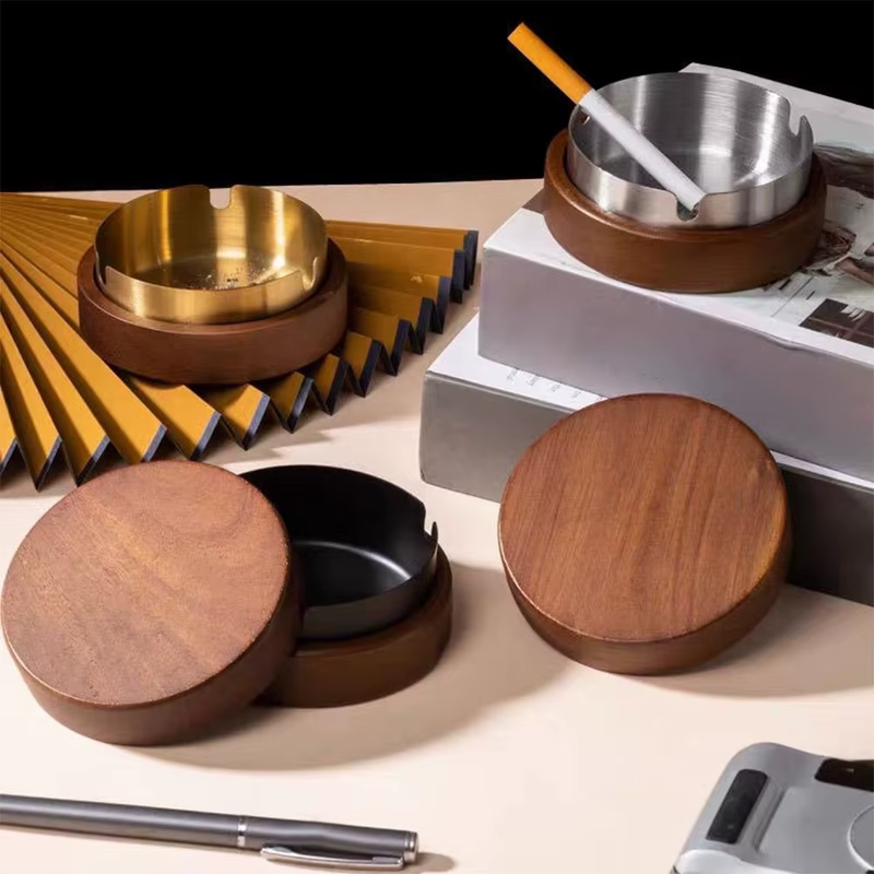 Ashtray Made of Wooden with Lid Stainless Steel Liner Ash Tray Windproof Ashtray
