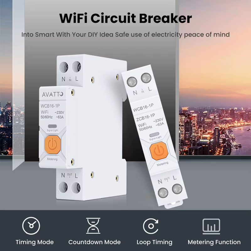Wifi Smart Circuit Breaker Switches with Metering 1P+N 63A Home Circuit Breaker